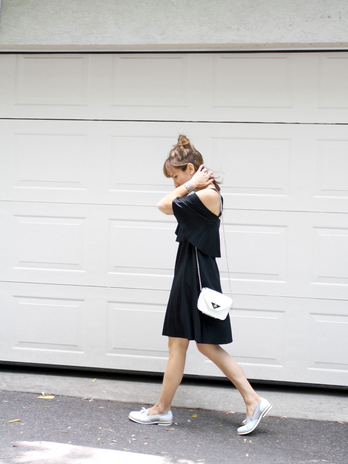 Off the Shoulder LBD With Loafers