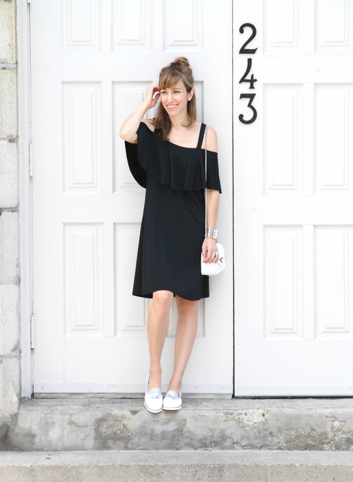 Black Off the Shoulder Dress with White Loafers