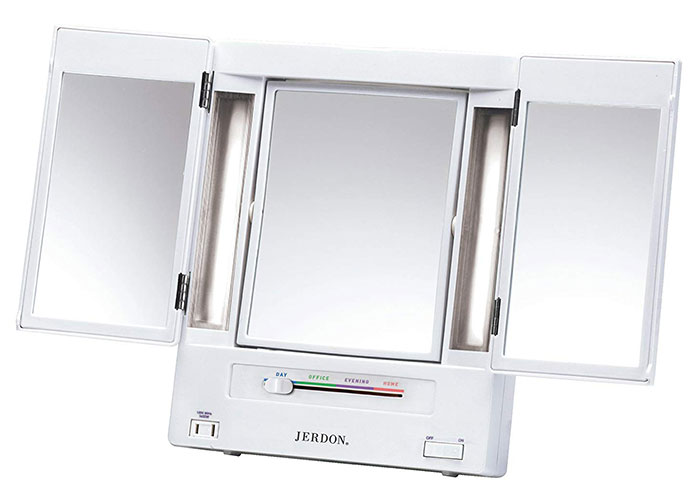 Best Makeup Mirrors with Lights: Jerdon Tri-Fold Two-Sided Lighted Makeup Mirror