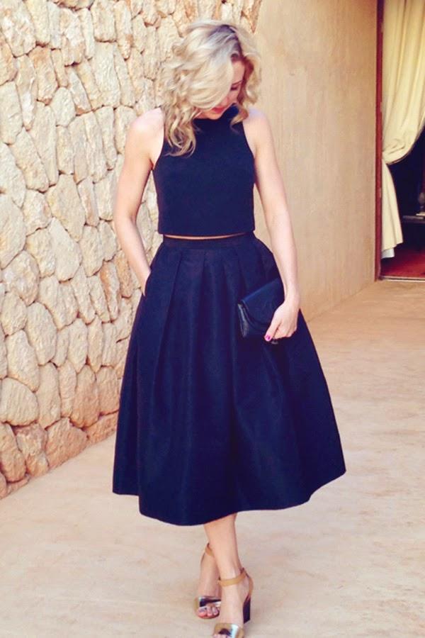 Black cropped top and matching midi skirt how to dress for a wedding