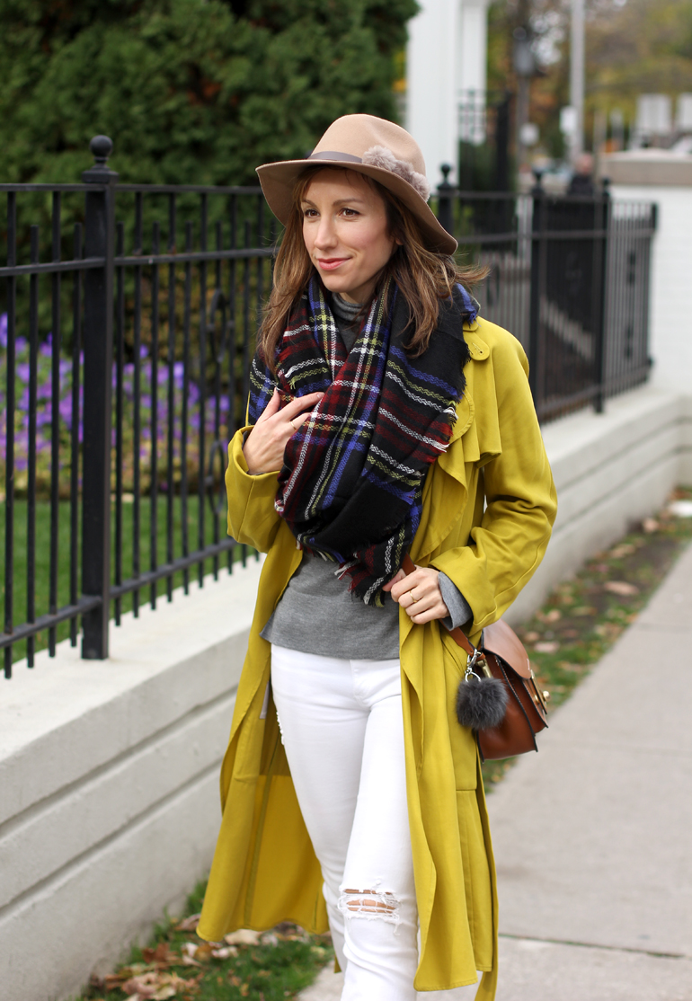 yellow-trench-with-plaid-blanked-scarf